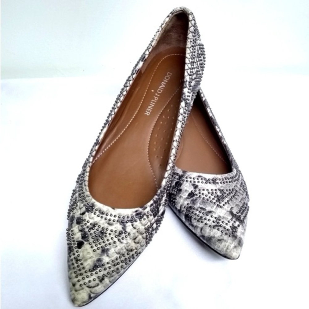 Donald J. Pliner Black and Gray Snake Print Studded Flats